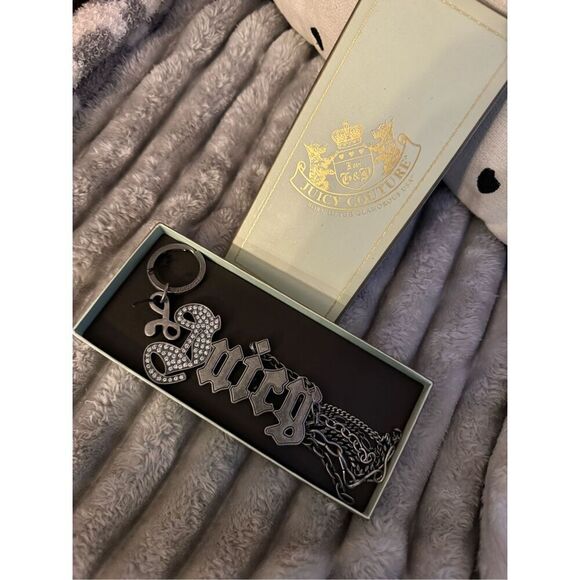 Juicy couture silver gothic logo pave studded chain  bag charm /fob keychain - Picture 1 of 5
